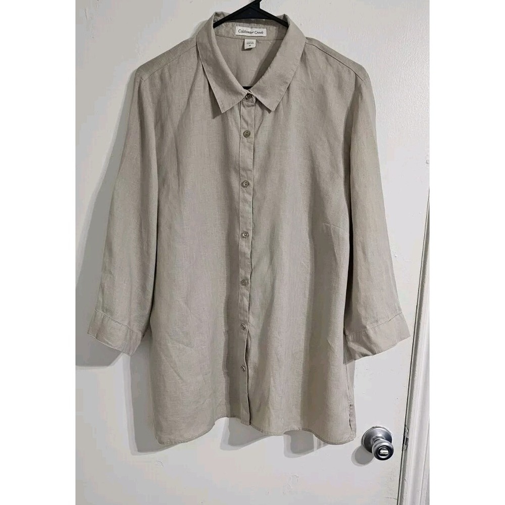 Coldwater Creek Women's Button-Down Shirt 1X Khaki 100% Linen Lightweight Casual